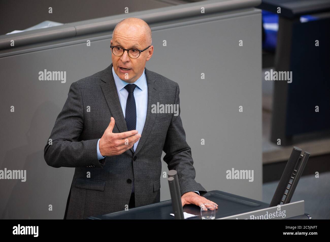 Berlin, Germany. 03rd July, 2020. Jörg Schneider (AfD) speaks in the plenary session in the German Bundestag. The main topics of the 171st session of the 19th legislative period are the adoption of the Coal Exit Act, a topical issue on the excesses of violence in Stuttgart, as well as debates on electoral law reform, the protection of electronic patient data, the welfare of farm animals and the German chairmanship of the UN Security Council. Credit: Christophe Gateau/dpa/Alamy Live News Stock Photo