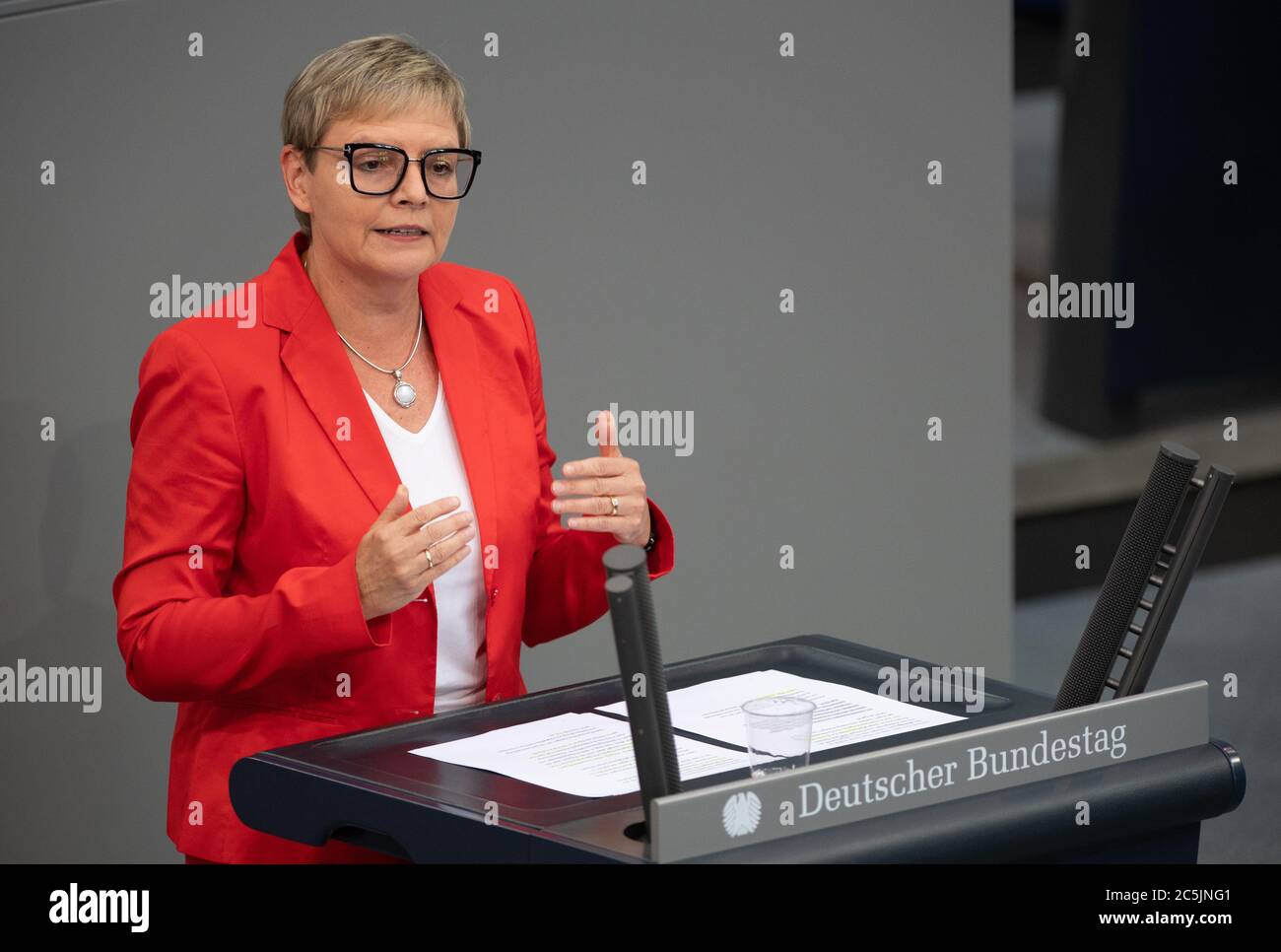 Berlin, Germany. 03rd July, 2020. Sabine Dittmar (SPD) speaks in the plenary session of the German Bundestag. The main topics of the 171st session of the 19th legislative period are the adoption of the Coal Exit Act, a topical hour on the excesses of violence in Stuttgart, as well as debates on electoral law reform, the protection of electronic patient data, the welfare of farm animals and the German chairmanship of the UN Security Council. Credit: Christophe Gateau/dpa/Alamy Live News Stock Photo