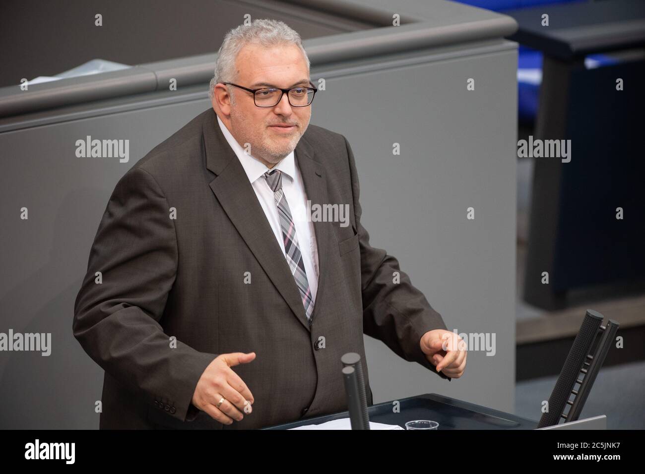 Berlin, Germany. 03rd July, 2020. Erich Irlstorfer (CSU) speaks in the plenary session of the German Bundestag. The main topics of the 171st session of the 19th legislative period are the adoption of the Coal Exit Act, a topical hour on the excesses of violence in Stuttgart, as well as debates on electoral law reform, the protection of electronic patient data, the welfare of farm animals and the German chairmanship of the UN Security Council. Credit: Christophe Gateau/dpa/Alamy Live News Stock Photo