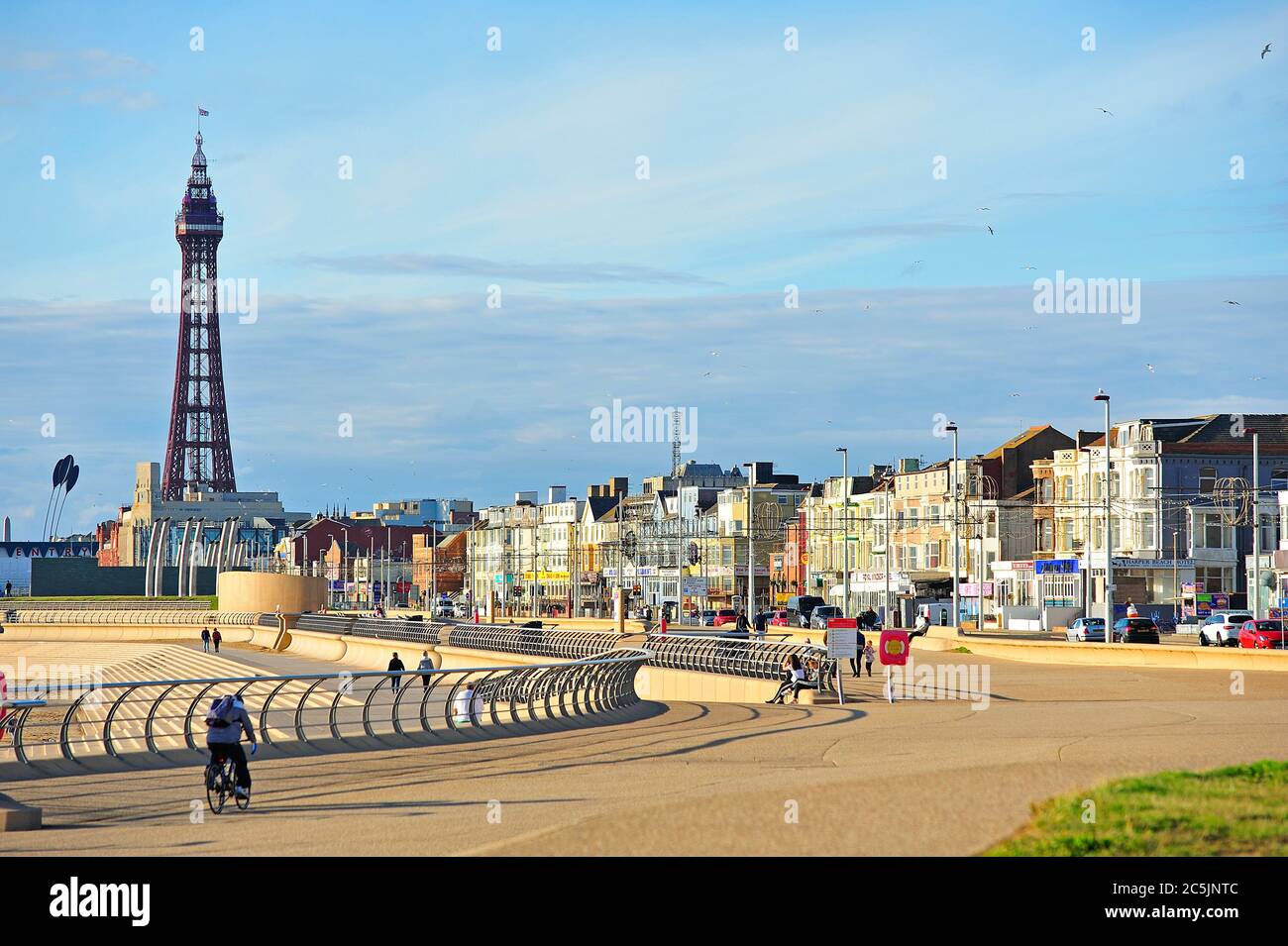 Blackpool Tower,seawall and colourful hotels on the seafront Stock Photo