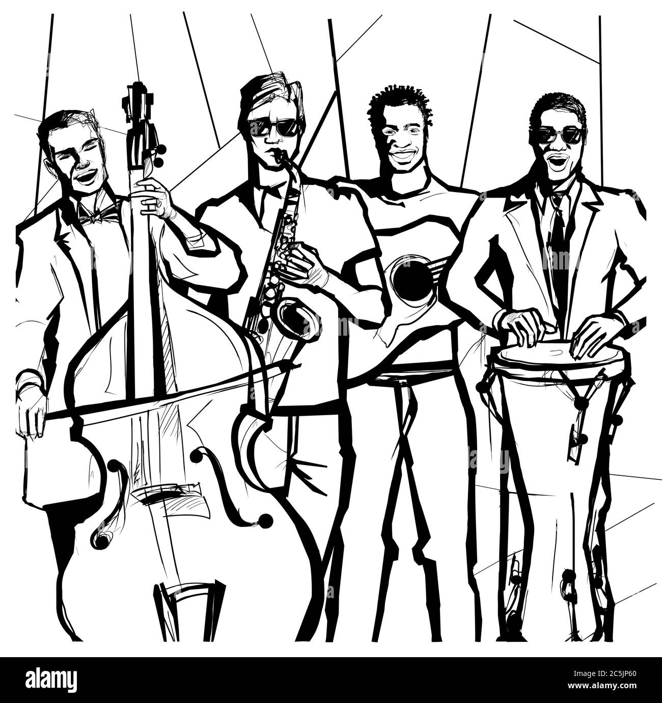 Drawing of a Jazz band for coloring book - vector illustration (Ideal for coloring book) Stock Vector