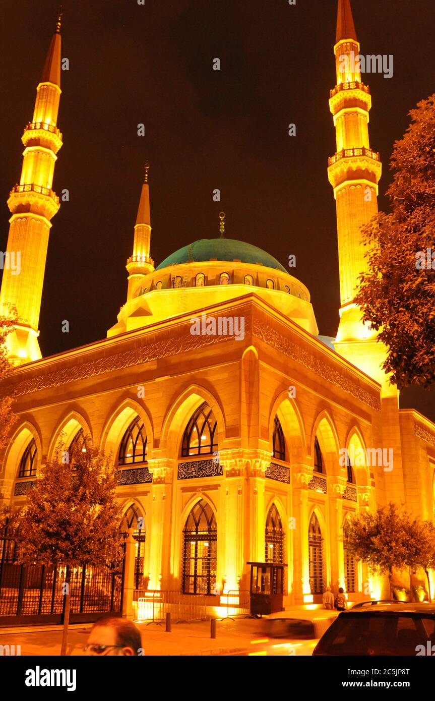 Lebanon: The illuminated Mohammad al Amin Mosque of Beirut at night. Stock Photo