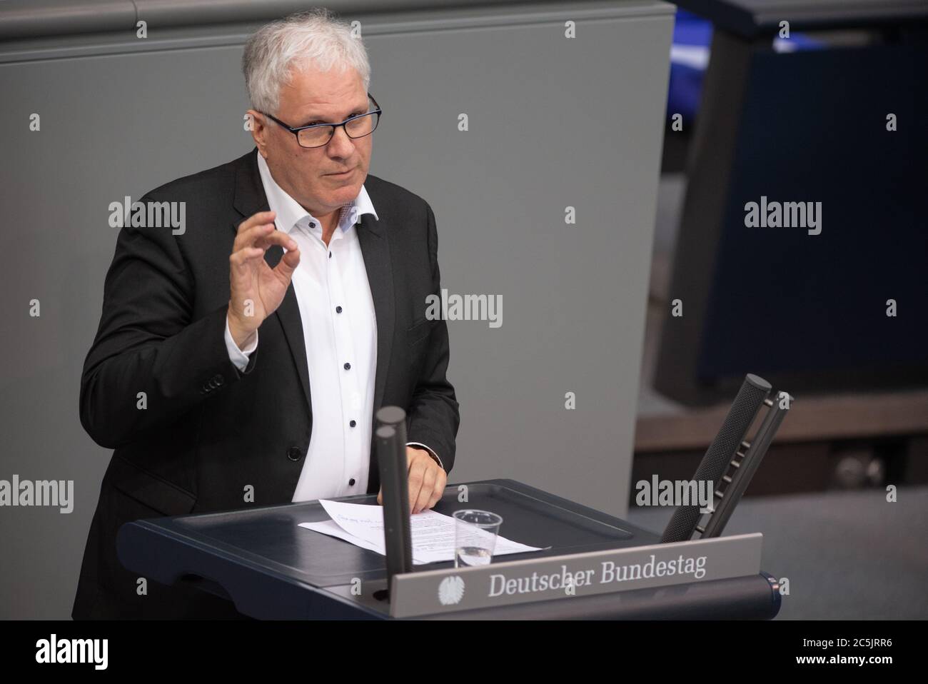 Berlin, Germany. 03rd July, 2020. Ottmar von Holtz (Bündnis90/Die Grünen) speaks in the plenary session of the German Bundestag. The main topics of the 171st session of the 19th legislative period are the adoption of the Coal Exit Act, a topical hour on the excesses of violence in Stuttgart, as well as debates on electoral law reform, the protection of electronic patient data, the welfare of farm animals and the German chairmanship of the UN Security Council. Credit: Christophe Gateau/dpa/Alamy Live News Stock Photo