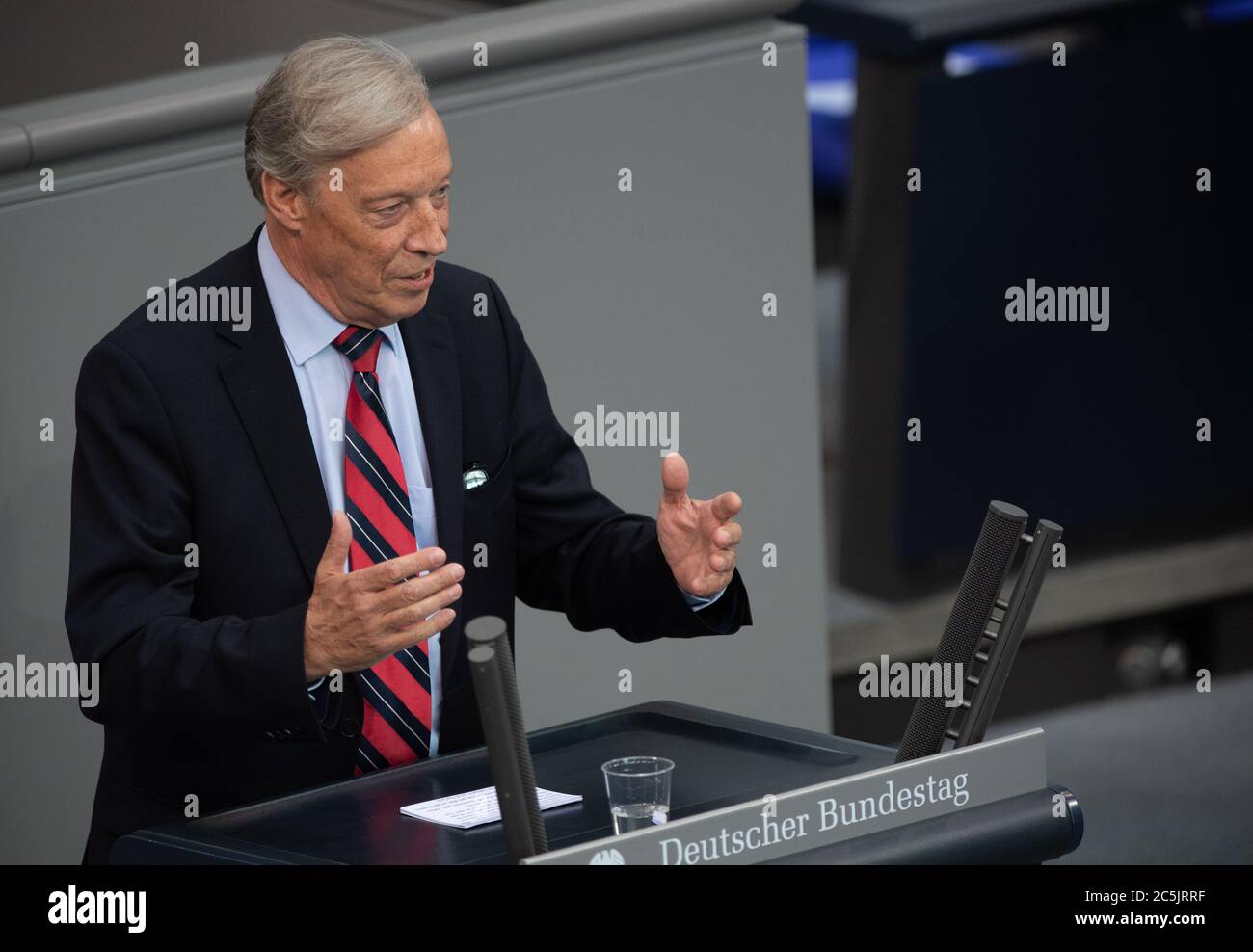 Berlin, Germany. 03rd July, 2020. Armin-Paulus Hampel (AfD) speaks at the plenary session in the German Bundestag. The main topics of the 171st session of the 19th legislative period are the adoption of the Coal Exit Act, a topical hour on the excesses of violence in Stuttgart, as well as debates on electoral law reform, the protection of electronic patient data, the welfare of farm animals and the German chairmanship of the UN Security Council. Credit: Christophe Gateau/dpa/Alamy Live News Stock Photo