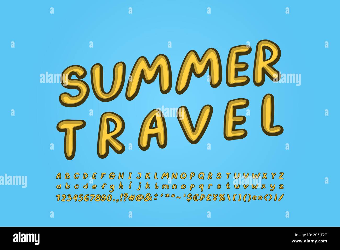 Cartoon yellow alphabet paint brush italic font. Uppercase and lowercase letters, numbers