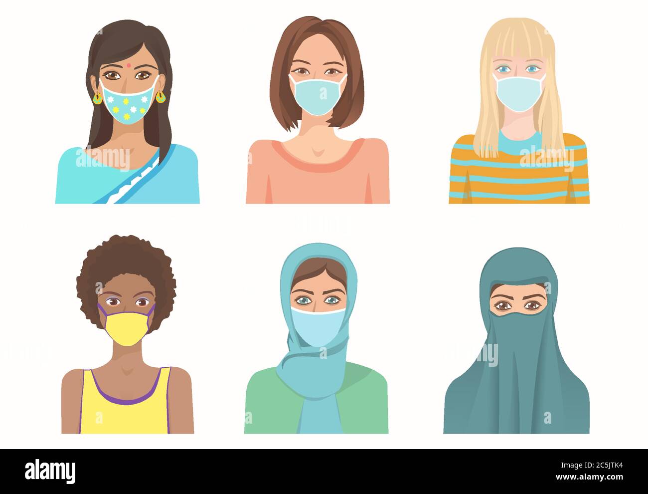 Young Women of various nationalities wearing medical respiratory mask. Stock Vector