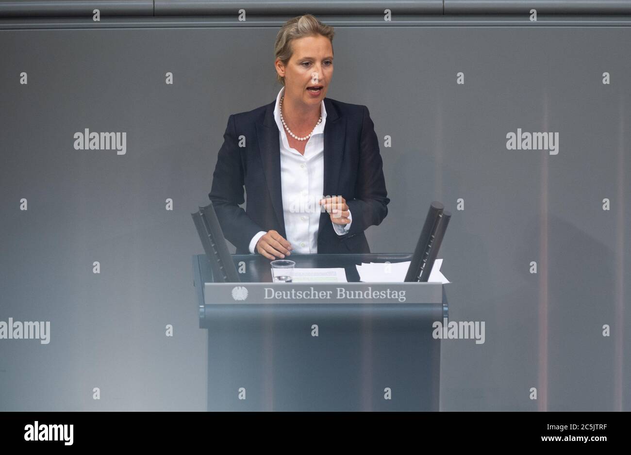 Berlin, Germany. 03rd July, 2020. Alice Weidel, leader of the AfD parliamentary group, speaks in the plenary session of the German Bundestag. The main topics of the 171st session of the 19th legislative period are the adoption of the Coal Exit Act, a topical issue on the excesses of violence in Stuttgart, as well as debates on electoral reform, the protection of electronic patient data, the welfare of farm animals and the German chairmanship of the UN Security Council. Credit: Christophe Gateau/dpa/Alamy Live News Stock Photo