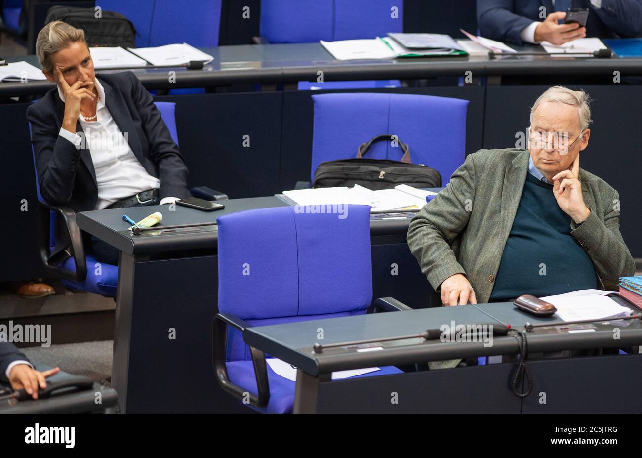 Berlin, Germany. 03rd July, 2020. The leaders of the AfD parliamentary group, Alice Weidel and Alexander Gauland, are sitting in the plenary session of the German Bundestag. The main topics of the 171st session of the 19th legislative period are the adoption of the Coal Exit Act, a topical hour on the excesses of violence in Stuttgart, as well as debates on electoral law reform, the protection of electronic patient data, the welfare of farm animals and the German chairmanship of the UN Security Council. Credit: Christophe Gateau/dpa/Alamy Live News Stock Photo