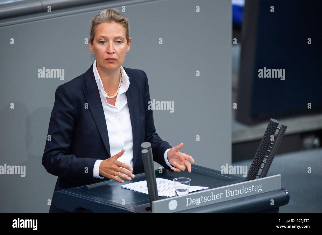 Berlin, Germany. 03rd July, 2020. Alice Weidel, leader of the AfD parliamentary group, speaks in the plenary session of the German Bundestag. The main topics of the 171st session of the 19th legislative period are the adoption of the Coal Exit Act, a topical issue on the excesses of violence in Stuttgart, as well as debates on electoral reform, the protection of electronic patient data, the welfare of farm animals and the German chairmanship of the UN Security Council. Credit: Christophe Gateau/dpa/Alamy Live News Stock Photo