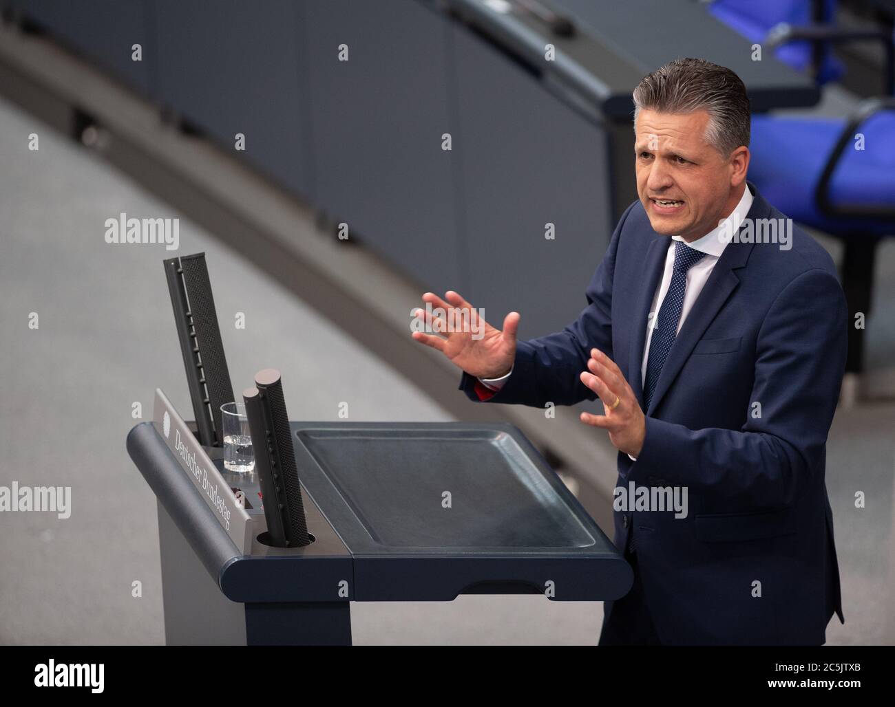 Berlin, Germany. 03rd July, 2020. Thorsten Frei (CDU) speaks in the plenary session of the German Bundestag. The main topics of the 171st session of the 19th legislative period are the adoption of the Coal Exit Act, a topical hour on the excesses of violence in Stuttgart, as well as debates on electoral law reform, the protection of electronic patient data, the welfare of farm animals and the German chairmanship of the UN Security Council. Credit: Christophe Gateau/dpa/Alamy Live News Stock Photo