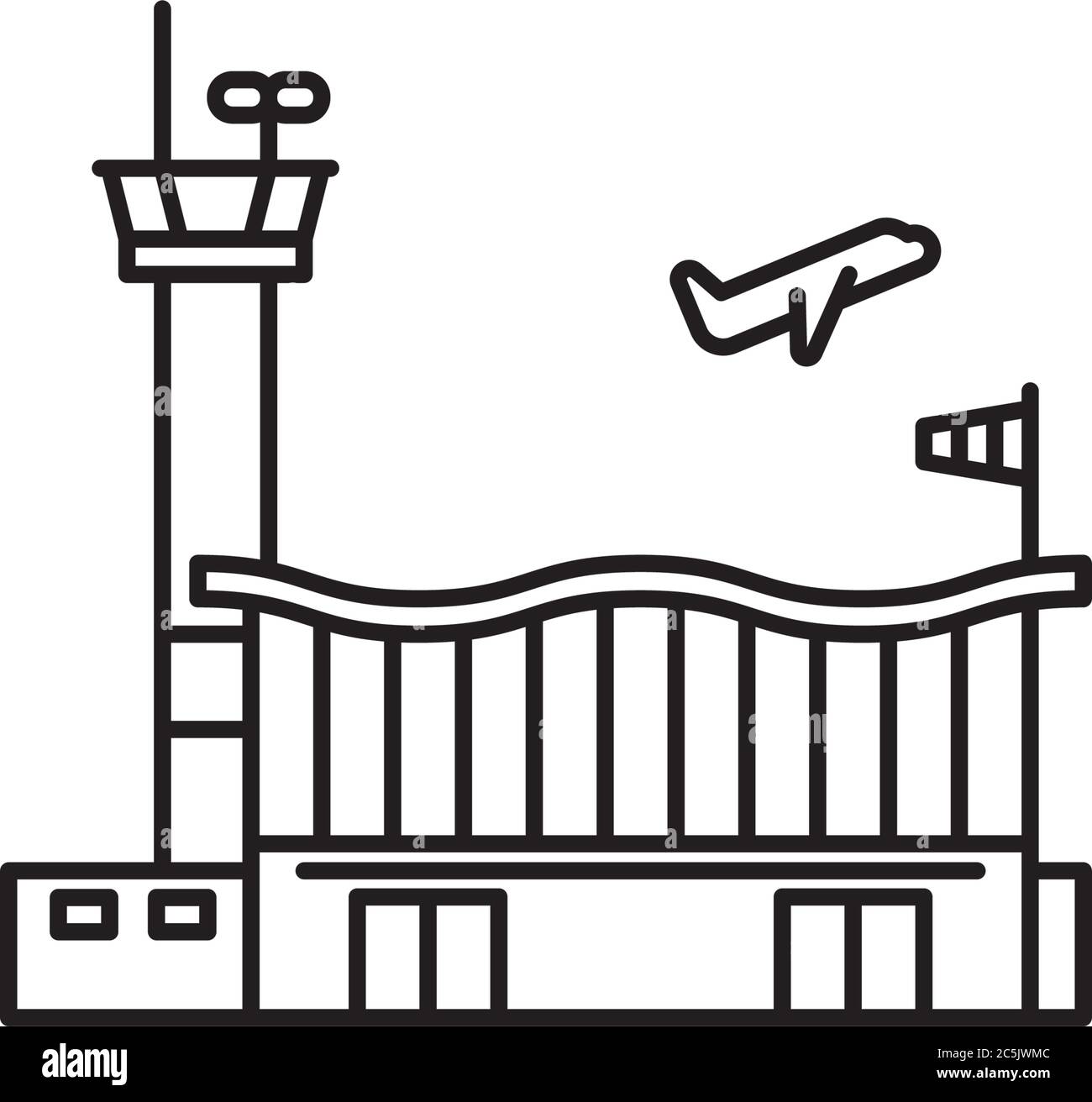 Airport buildings with control tower and airplane line icon vector ...