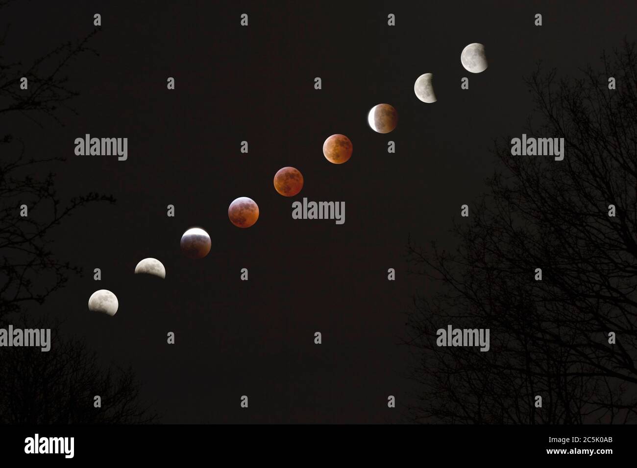 Total lunar eclipse sequence, including 'blood moon' at total eclipse. Stock Photo