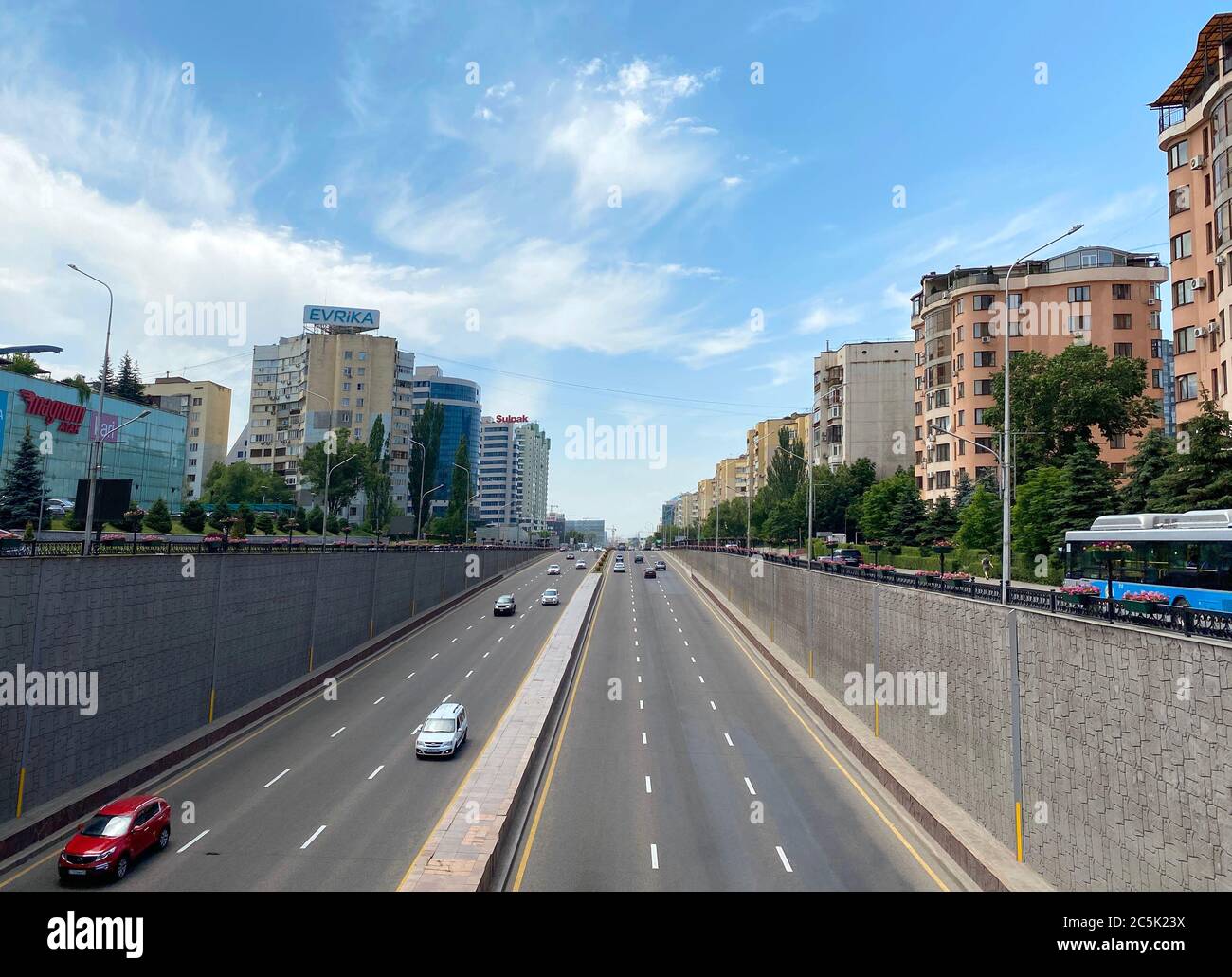 Almaty, Kazakhstan - June 1, 2020: View from Al-Farabi avenue, it is one of the main roads in the city of Almaty Stock Photo