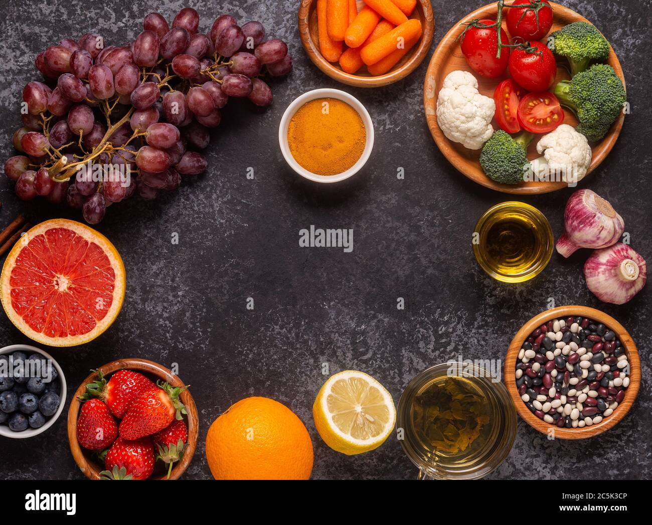 Foods that could lower risk of cancer, top view Stock Photo