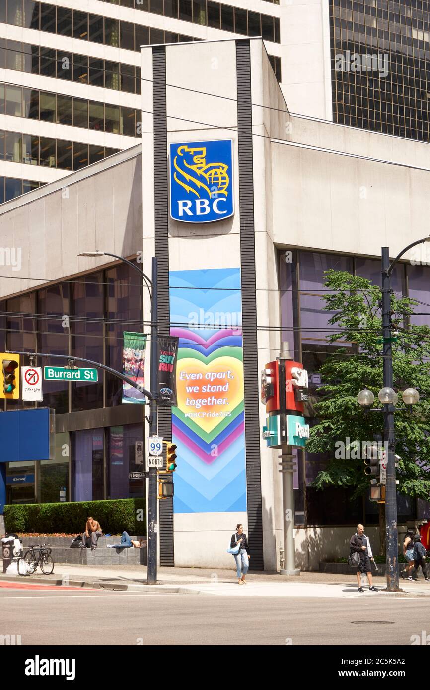 RBC Pride painting on the Royal Bank of Canada building at the corner of Georgia Street and Burrard Street  in downtown Vancouver, BC, Canada Stock Photo