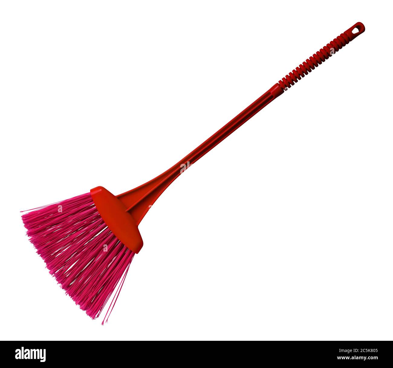 Red plastic broom with long handle isolated on white. Clipping Path