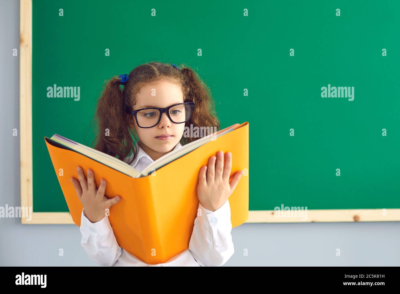 Back to school. Smart little girl in glasses reading huge book near
