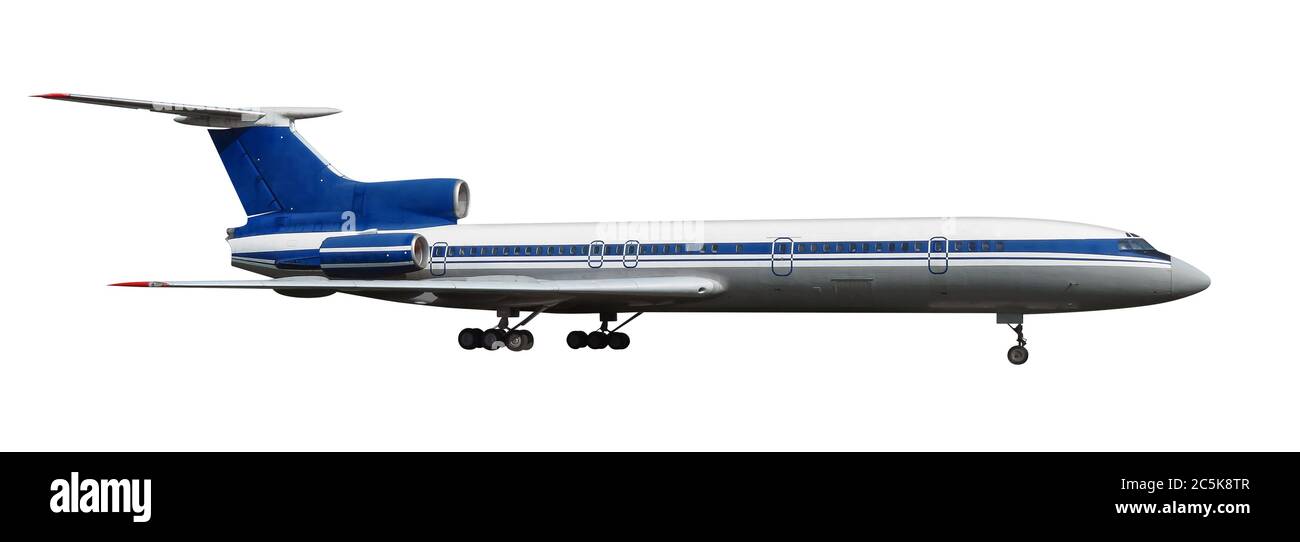 Scale model of old Tu-154 is a Soviet airlifter designed by the Tupolev design bureau. Photo with clipping path. Stock Photo