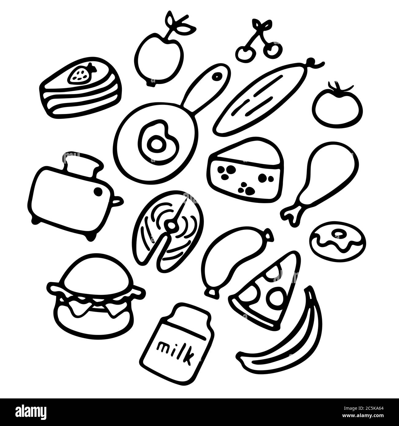 A hand-drawn set of food and dishes. Doodle collection of meal. Stock Vector