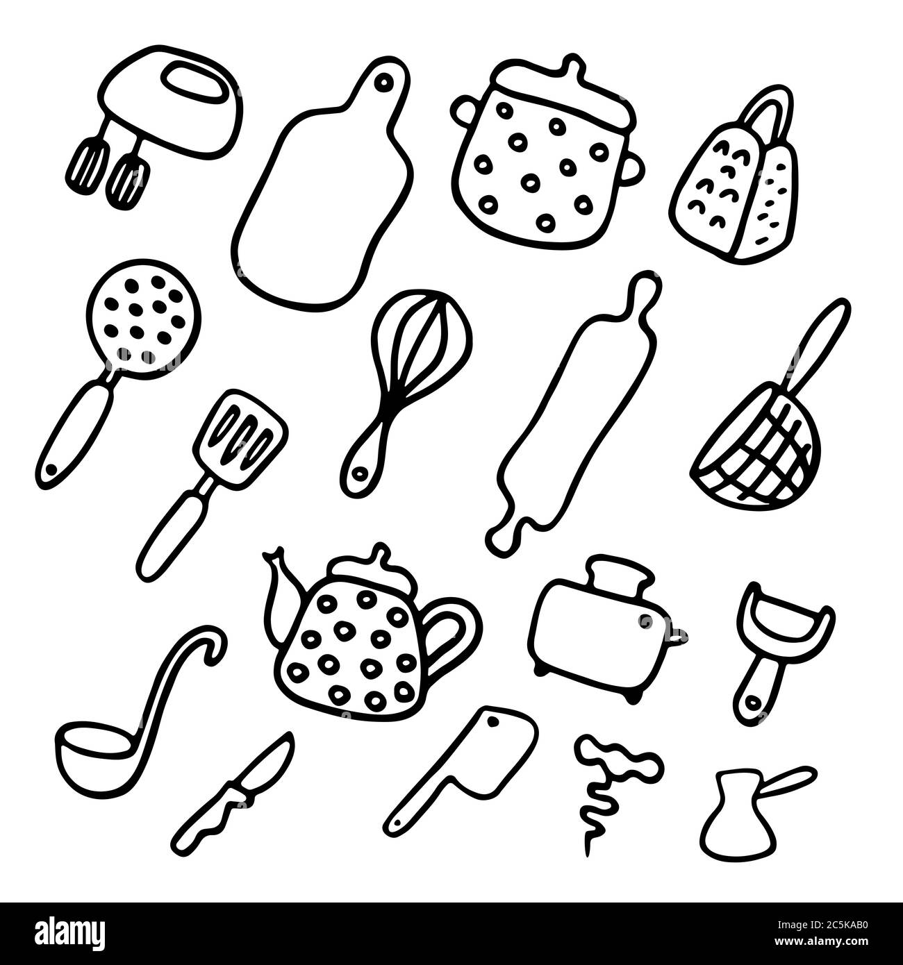 Doodle icons set of kitchen appliances and objects. Hand-drawn cooking items. Household appliances and housewares. Stock Vector
