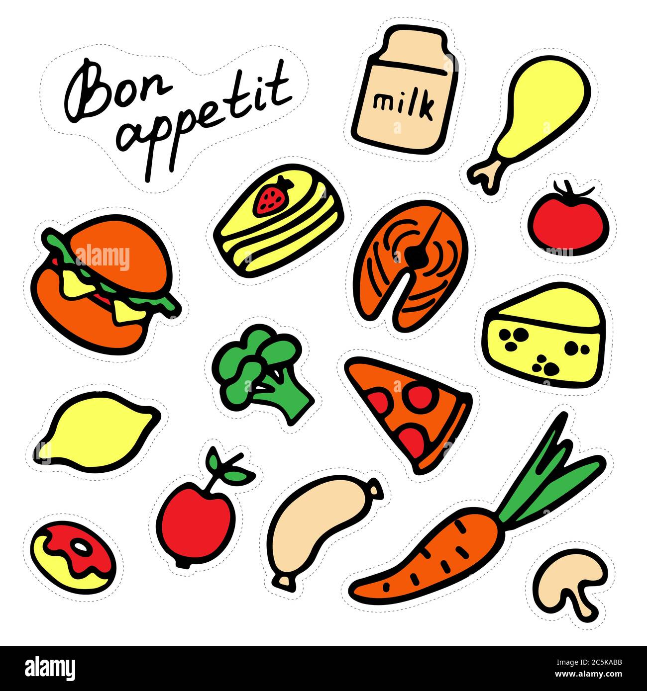 Set of stickers of delicious food. Variety of dishes. Hand-drawn icons. Inscription Bon appetit. Stock Vector