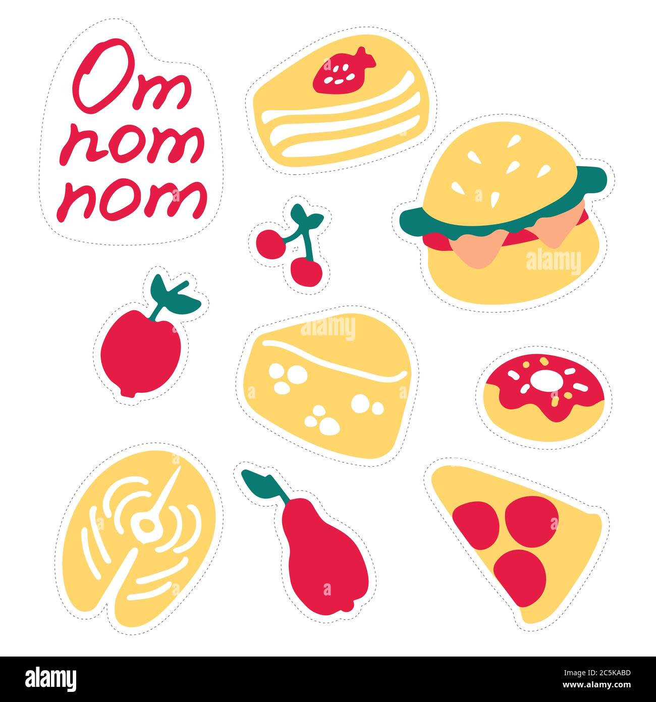 Set of stickers of delicious food. Variety of dishes. Hand-drawn icons. Inscription Om nom nom. Stock Vector