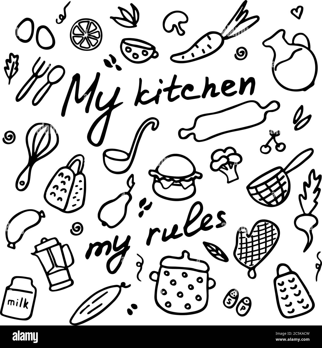 Big set of kitchen items. Doodle icons of kitchen appliances, devices for cooking, products and dishes. Hand drawn graphic. Stock Vector