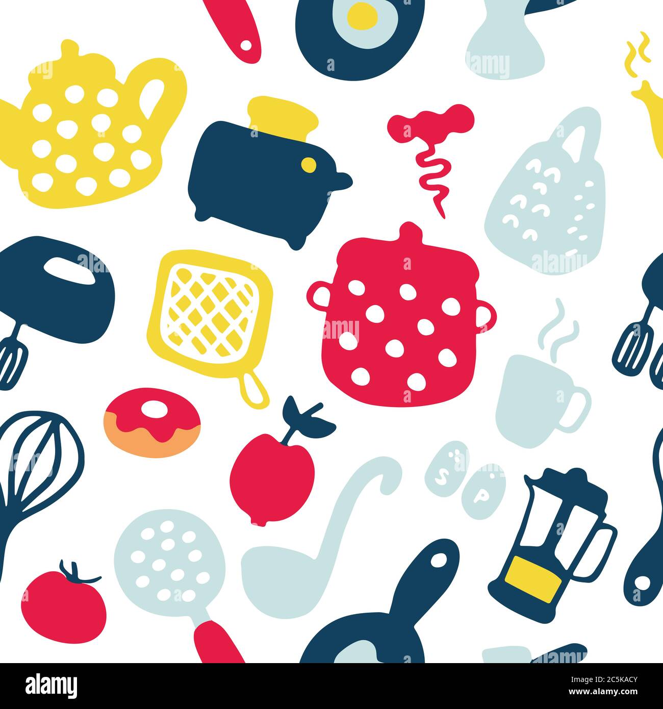 Doodle icons set of kitchen appliances and objects. Hand-drawn cooking items. Household appliances and housewares. Seamless pattern. Stock Vector