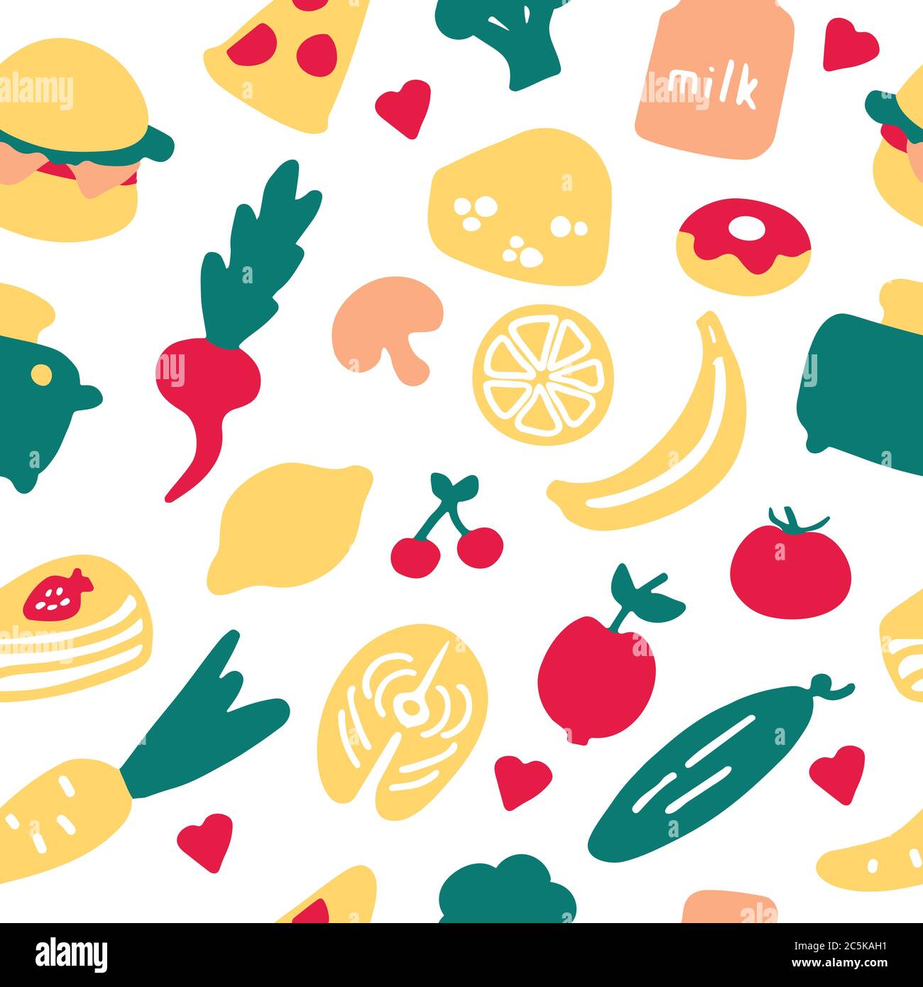 A hand-drawn set of food and dishes. Doodle collection of meal. Seamless pattern. Stock Vector