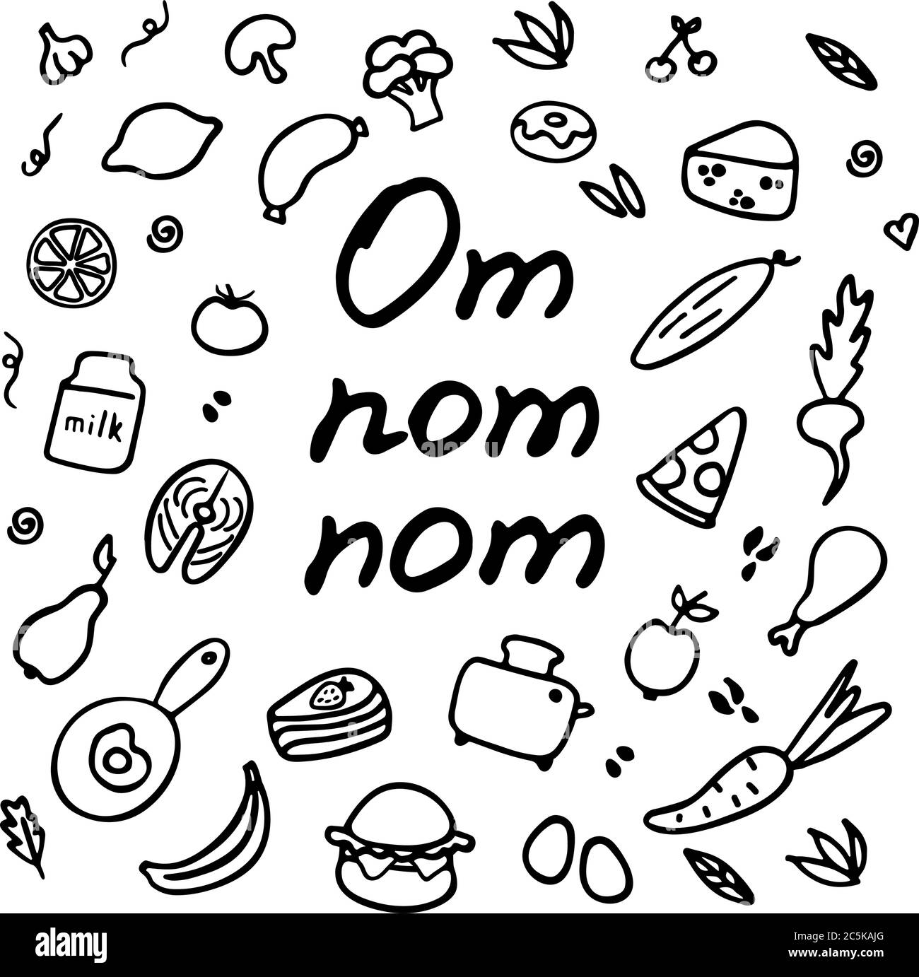 A hand-drawn set of food and dishes. Doodle collection of meal. Inscription Om nom nom. Stock Vector