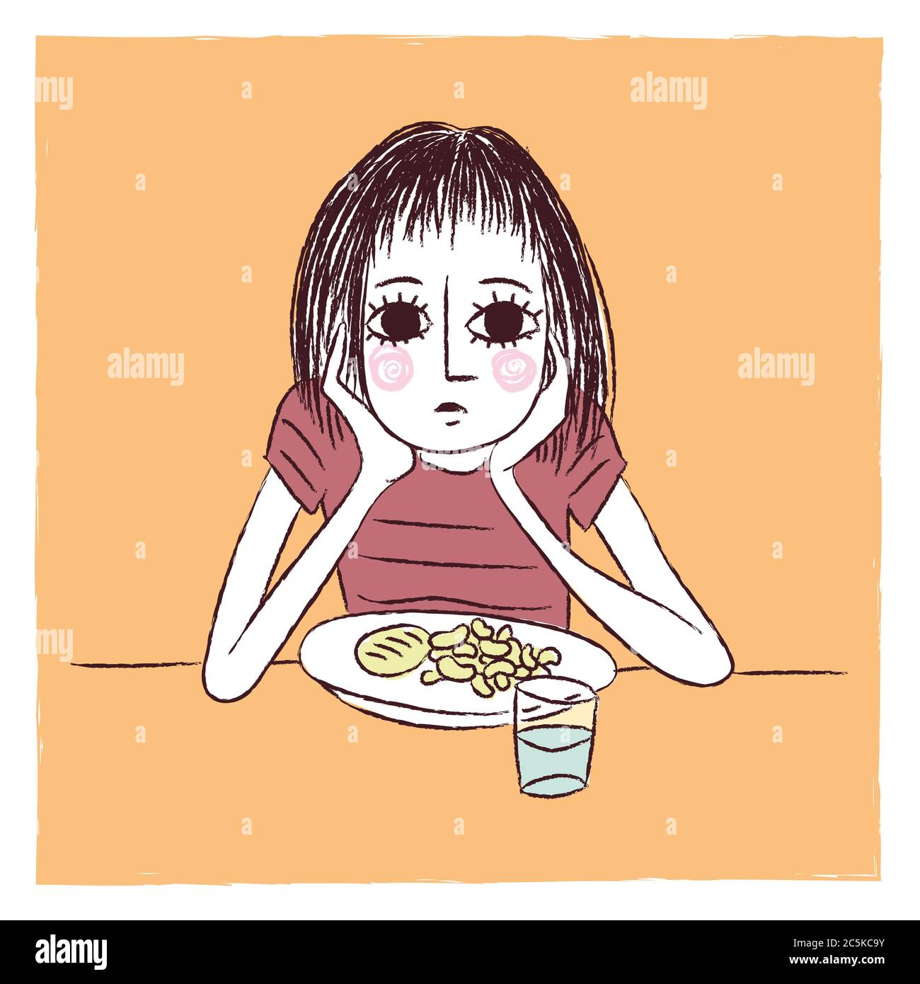 Illustration of a woman in front of her plate Stock Photo