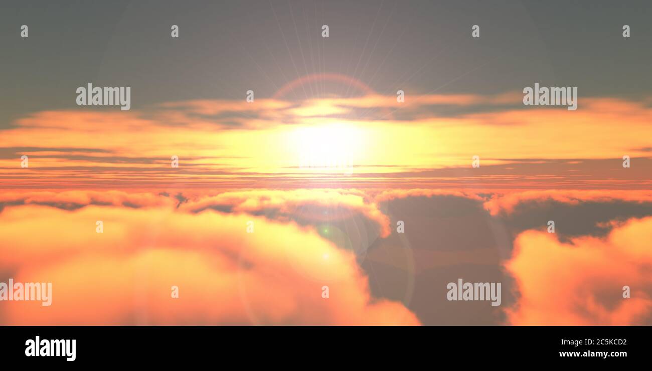 Beautiful aerial view above clouds with sunset. 3d illustration Stock ...