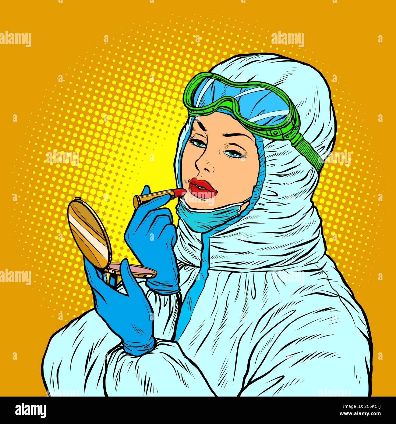 Female doctor in protective suit puts on lipstick makeup Stock Vector