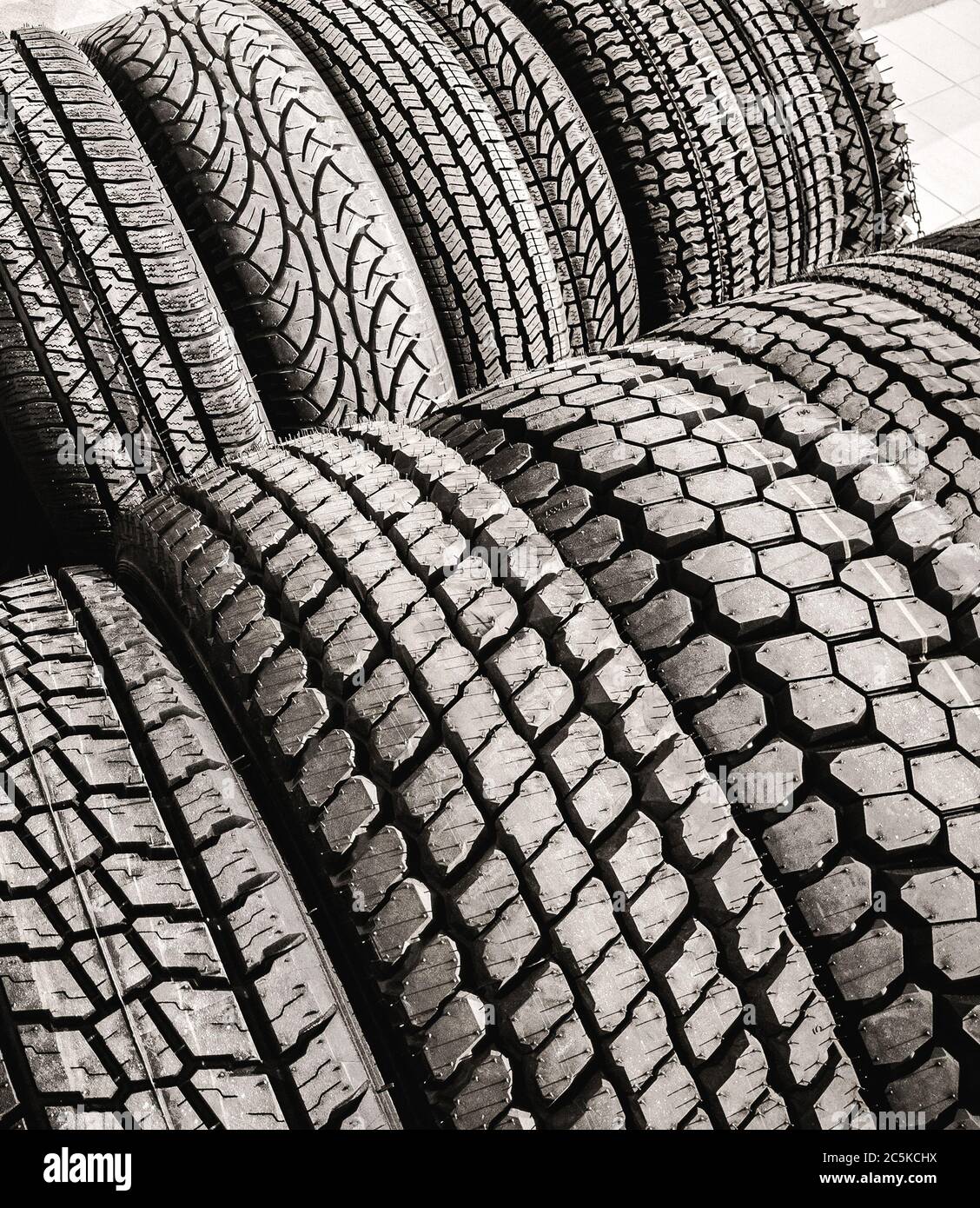 assortment of new car tires Stock Photo