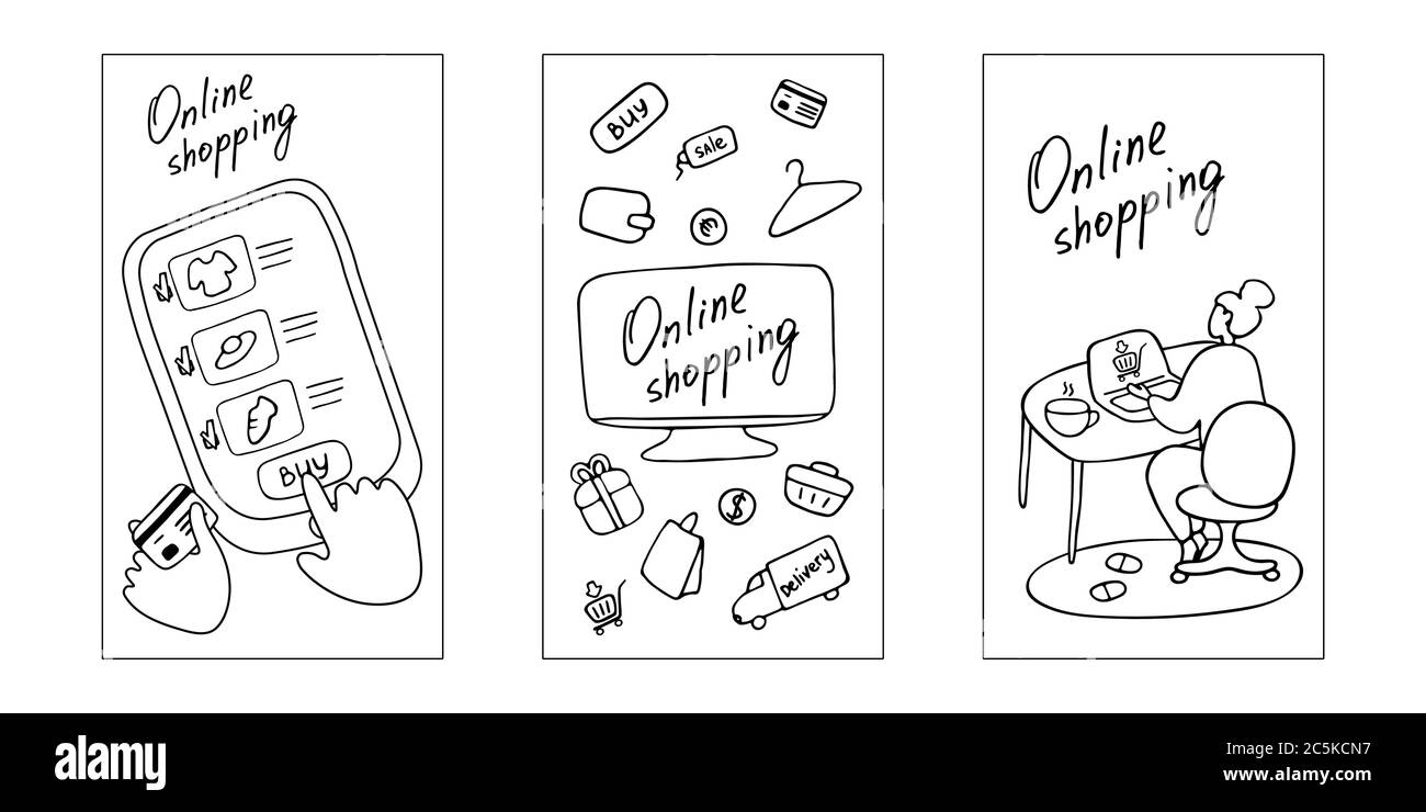 Online shopping. Set of vertical web banner. Stages of online shopping