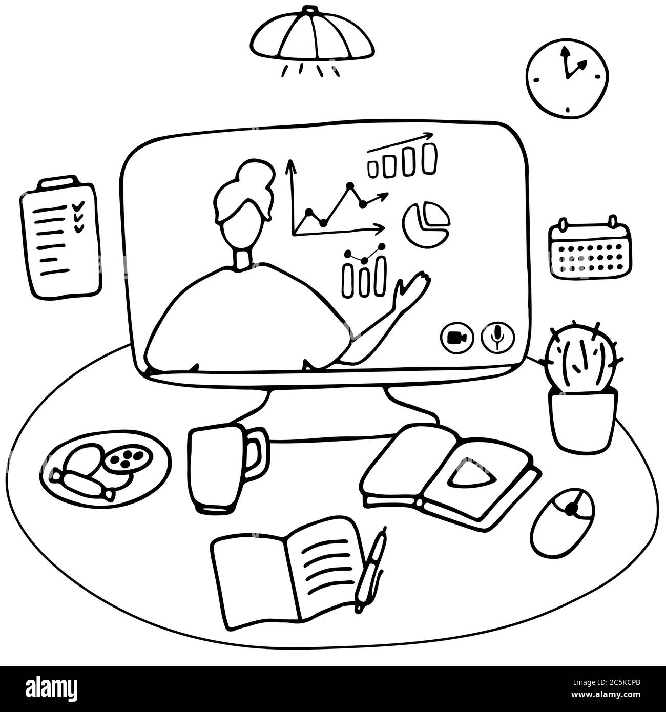 Woman teaching online. Business courses, economic blog, e-learning. Workplace at home in front of computer for freelance work, distance learning. Hand Stock Vector