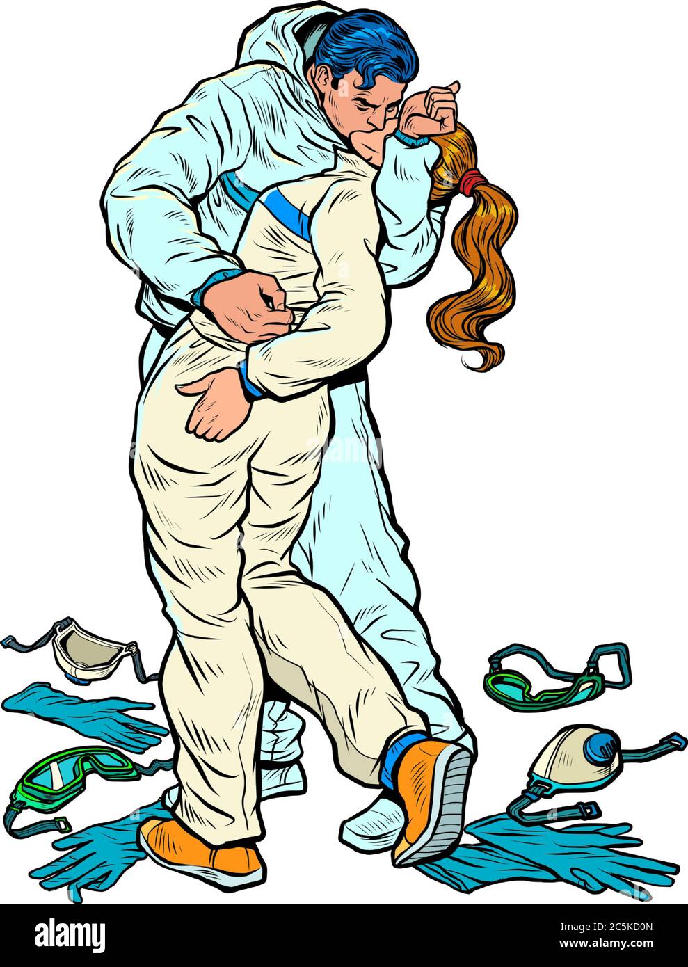 kiss of victory over coronavirus. people in medical protection suits Stock Vector