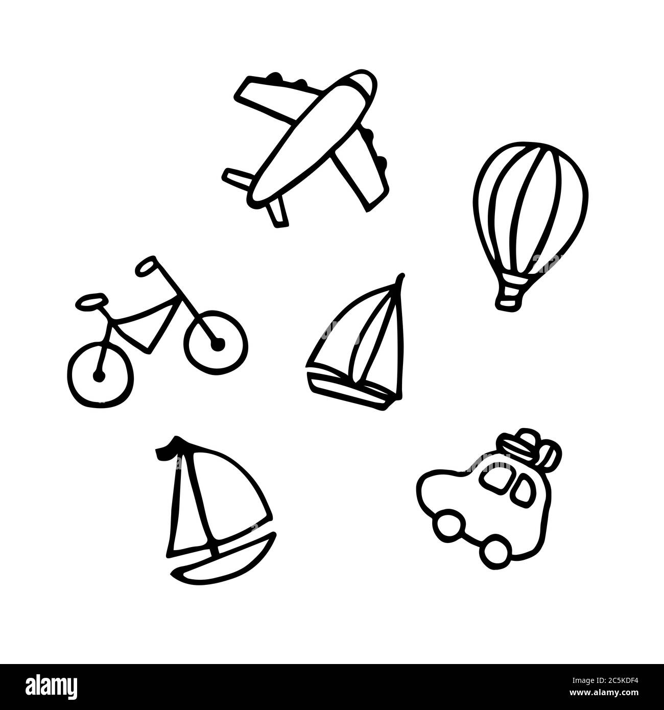 Summer collection. Hand drawn icon set with yacht, bicycle, baloon, car, plane. Sticker pack for print and digital. Stock Vector