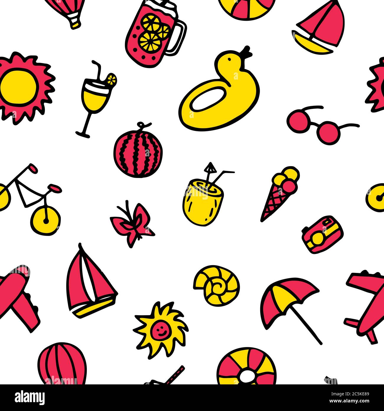 Colorful summer seamless pattern with hand drawn elements Stock Vector