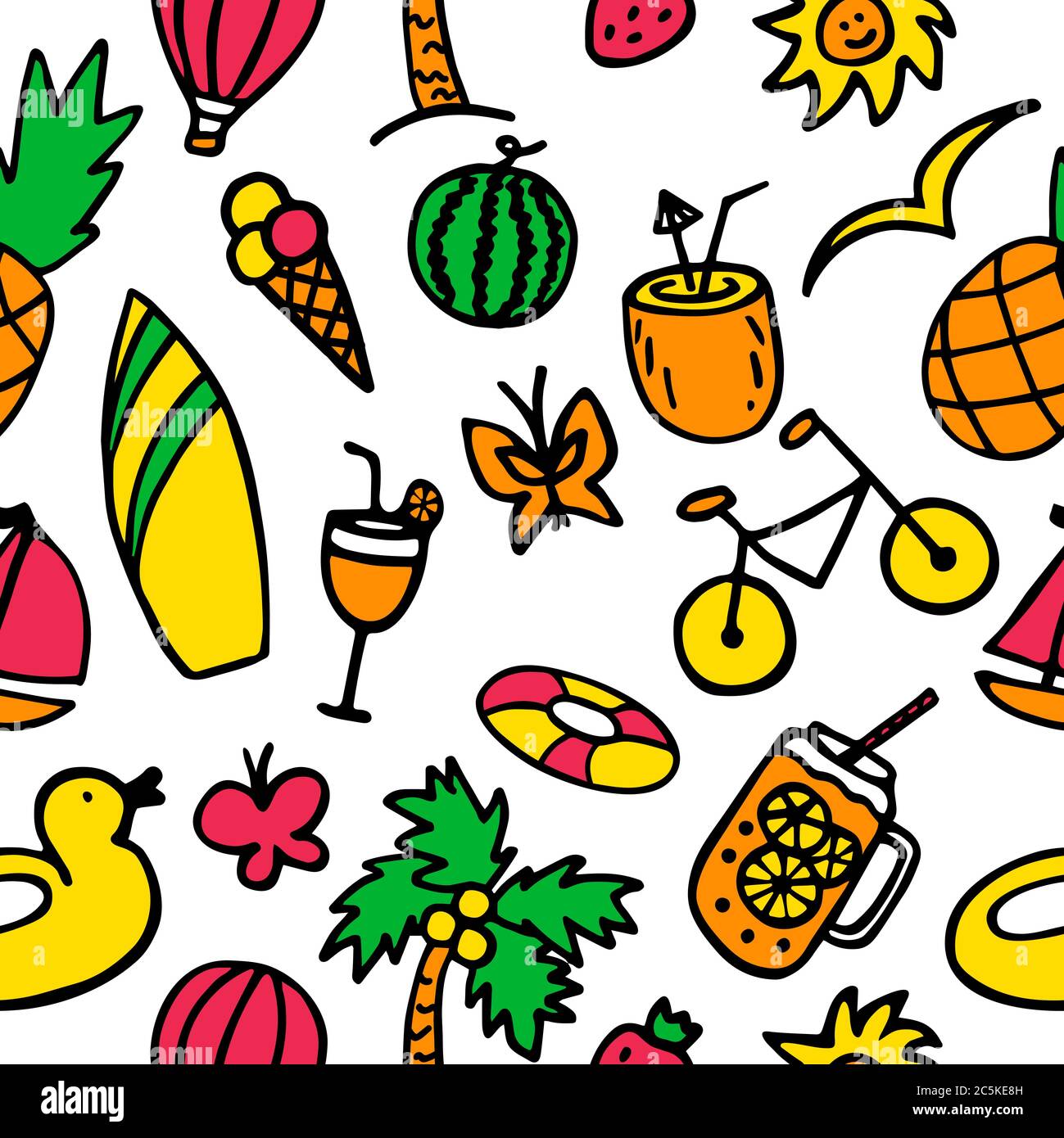 Colorful summer seamless pattern with hand drawn elements Stock Vector
