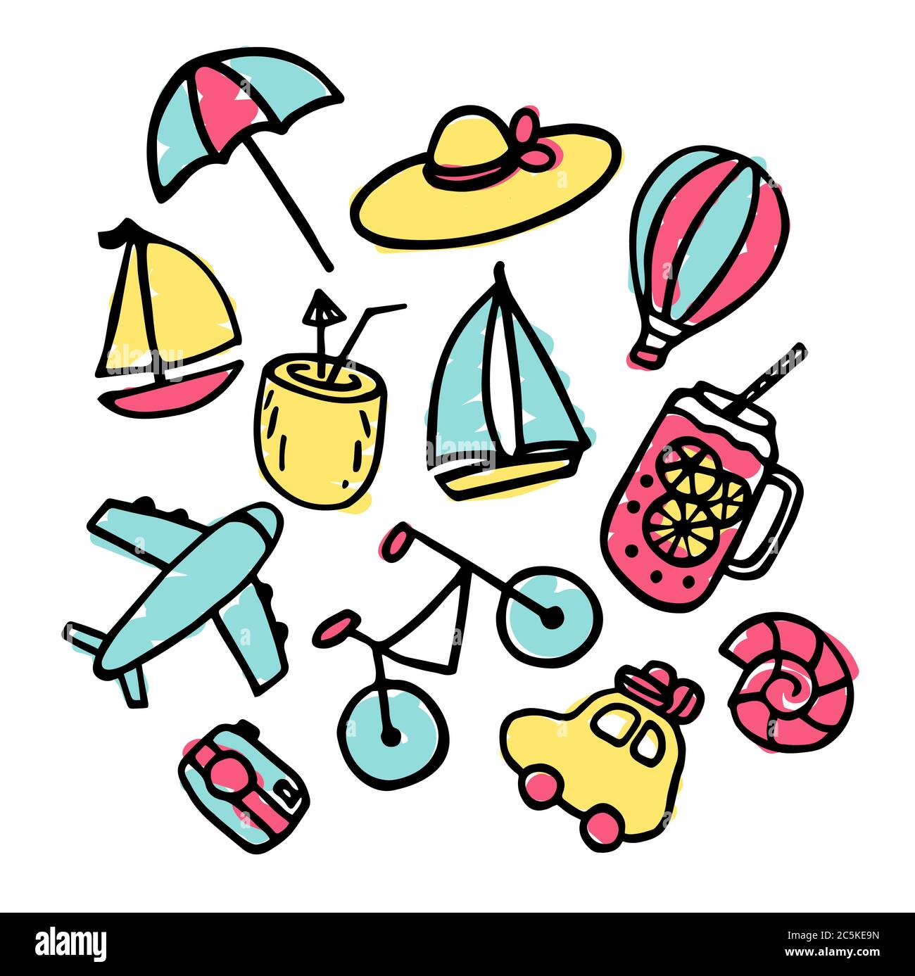 Colorful summer set with hand drawn elements. Vector Stock Vector