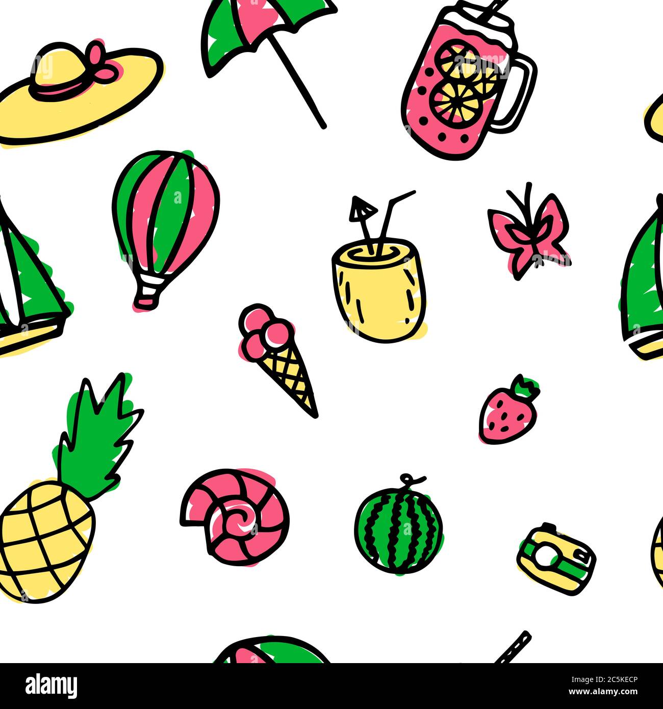Colorful summer seamless pattern with hand drawn elements Stock Vector