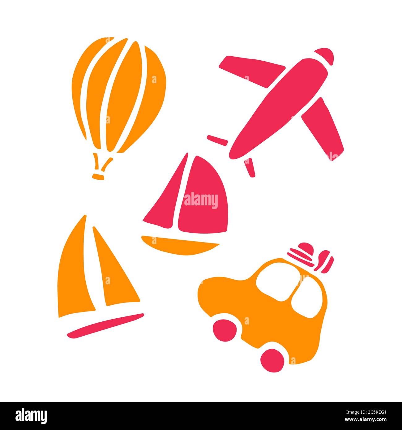 Summer collection. Hand drawn icon set with yacht, bycicle, baloon, car, plane. Sticker pack for print and digital Stock Vector