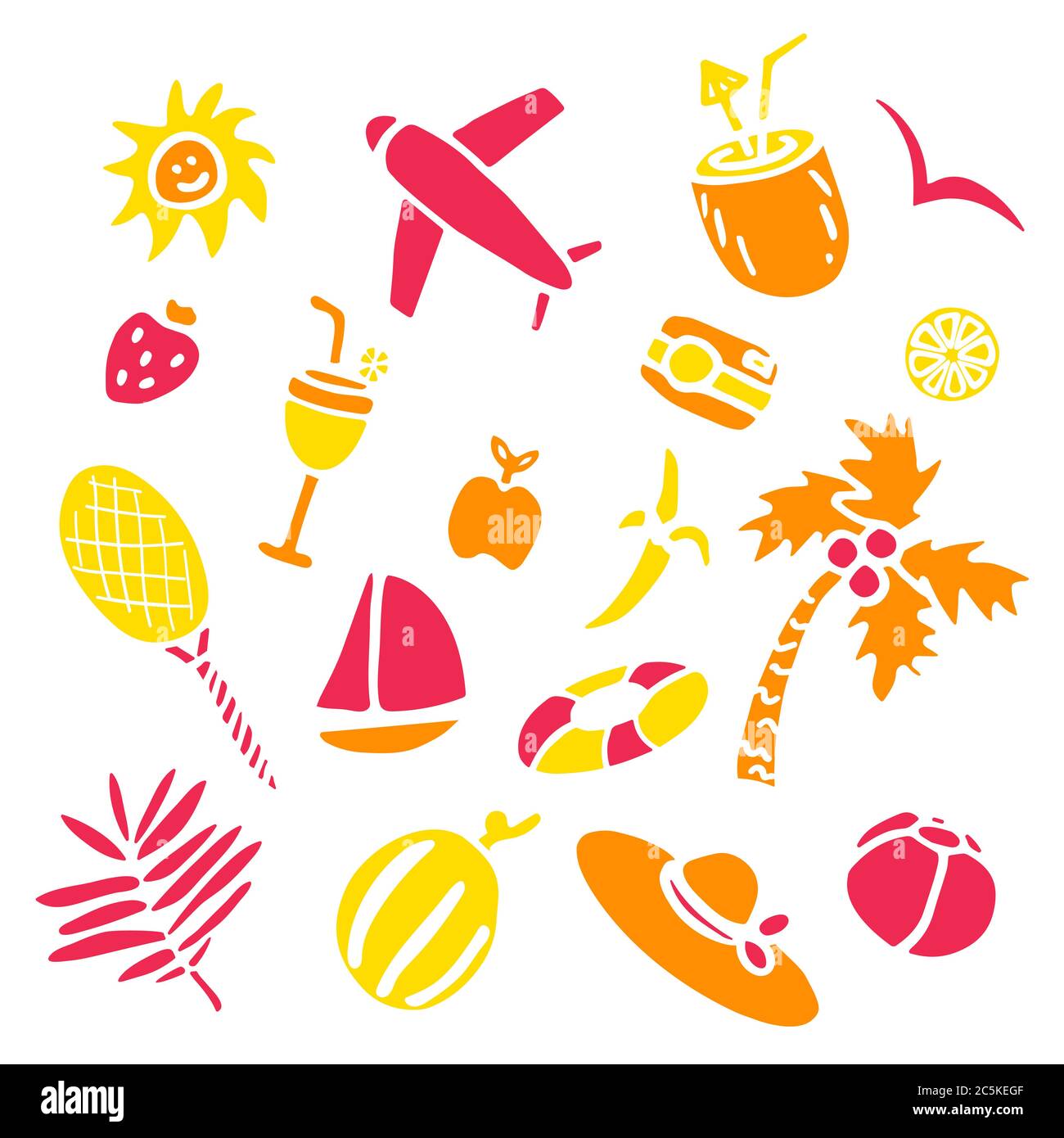 Summer icons set. Hand drawn collection. Summer elements. Stock Vector