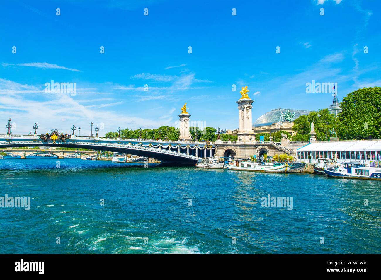 Paris, France - 25 June 2019: Landscape with famous The Pont Alexandre III Bridge over River Seine and The Great Palace (The Grand Palais des Champs-E Stock Photo