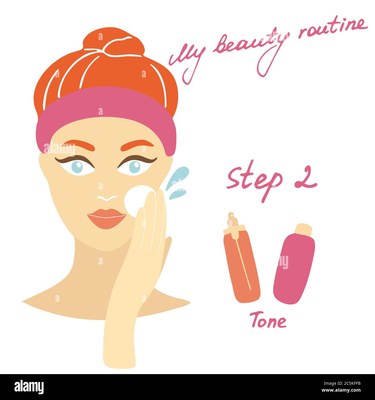 My daily routine. Skin care vector illustration. Correct order to apply skin care products. Step 2 Tone. Stock Vector