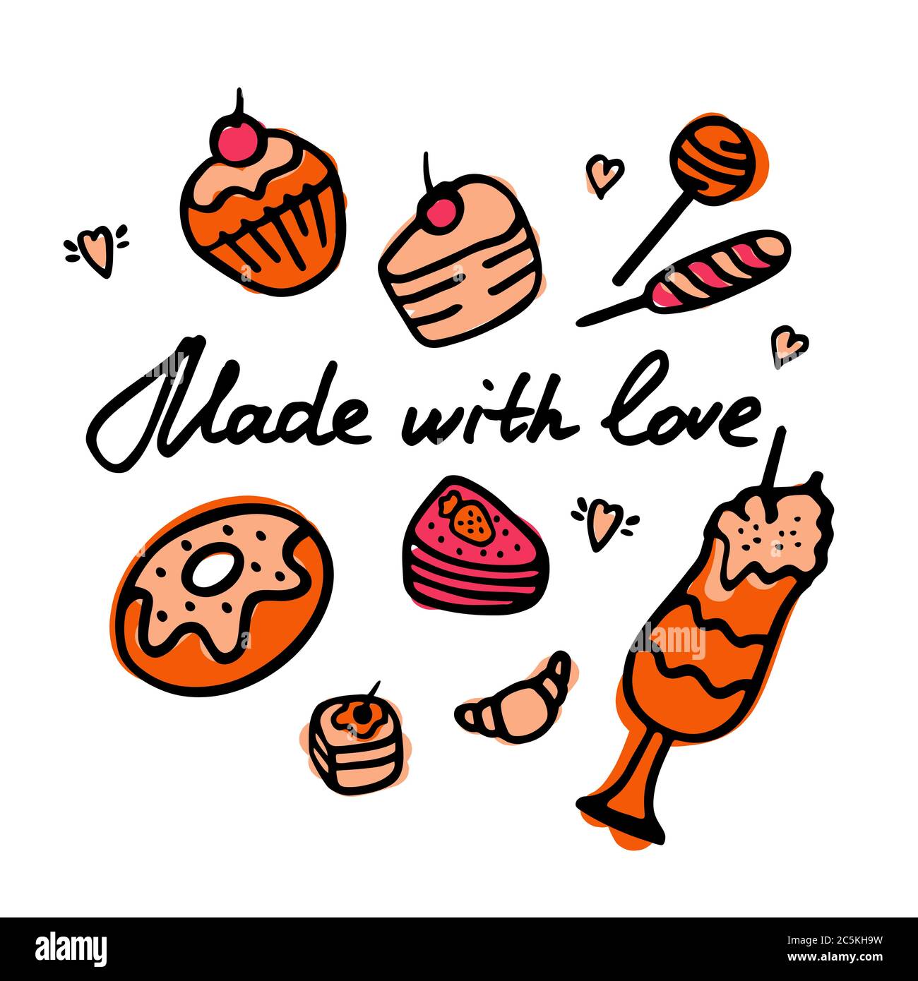 Made With Love Inscription Hand Drawn Sweets Icon Set Stock Vector