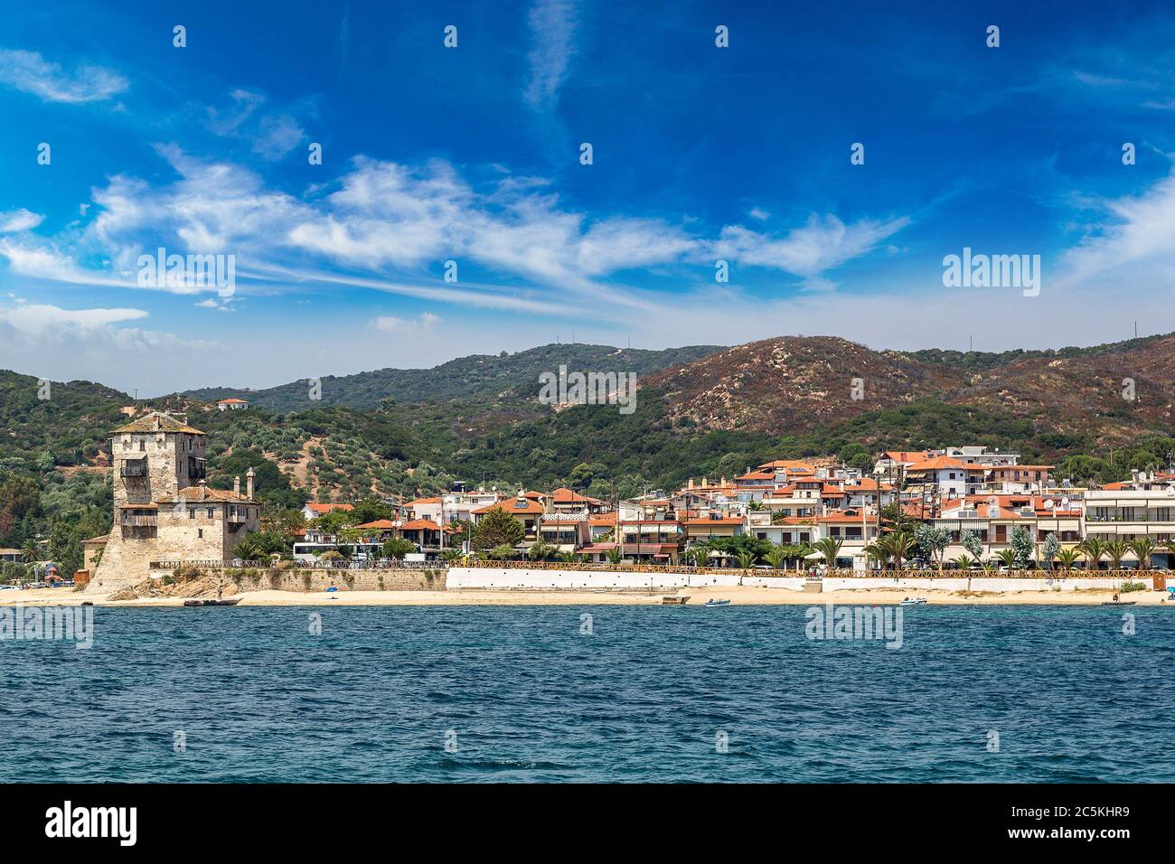 Ouranoupolis tower in Chalkidiki, Greece in a summer day Stock Photo ...