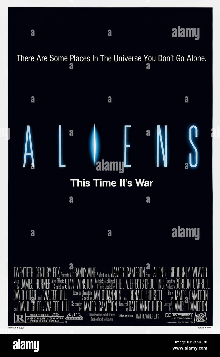 Aliens (1986) directed by James Cameron and starring Sigourney Weaver, Michael Biehn, Carrie Henn and Michael Biehn. Ripley returns and this time it's war in this fantastic sequel to Alien. Game over man, game over! Stock Photo