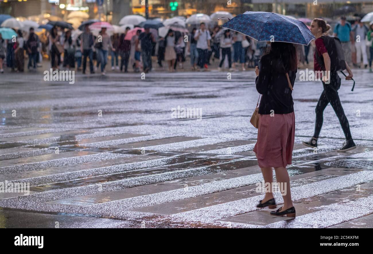 Woman with umbrella crossing the road in Shibuya Street during a rainy ...